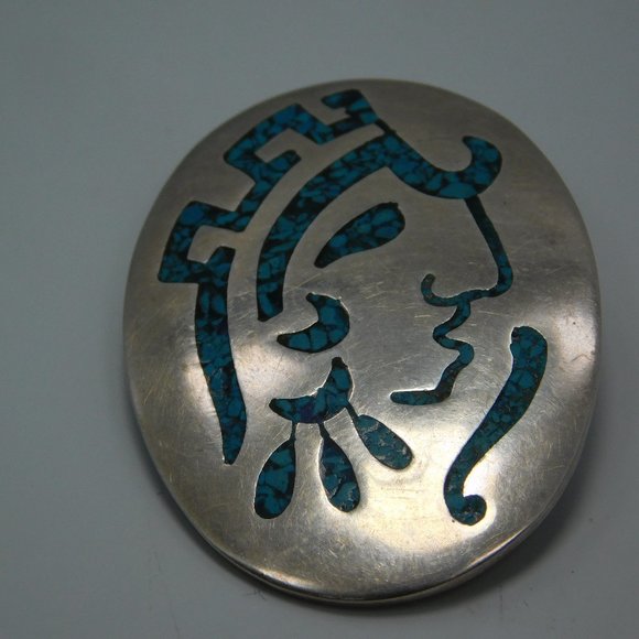 Mexican Taxco Turquoise Warrior Face Brooch/Pendant Sterling Silver - Picture 1 of 4